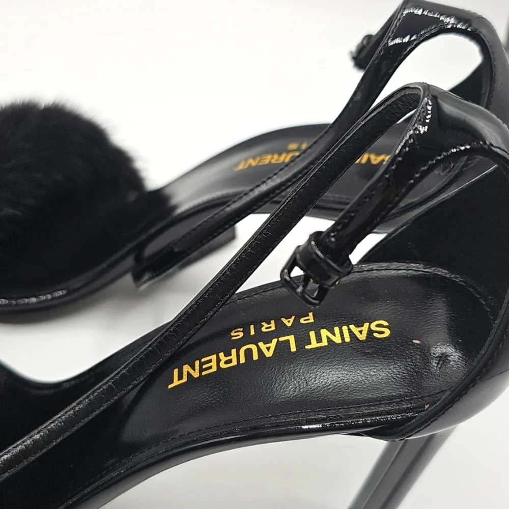 Saint Laurent Black Fur Strap Heels 37 1/2 - Picture 8 of 16